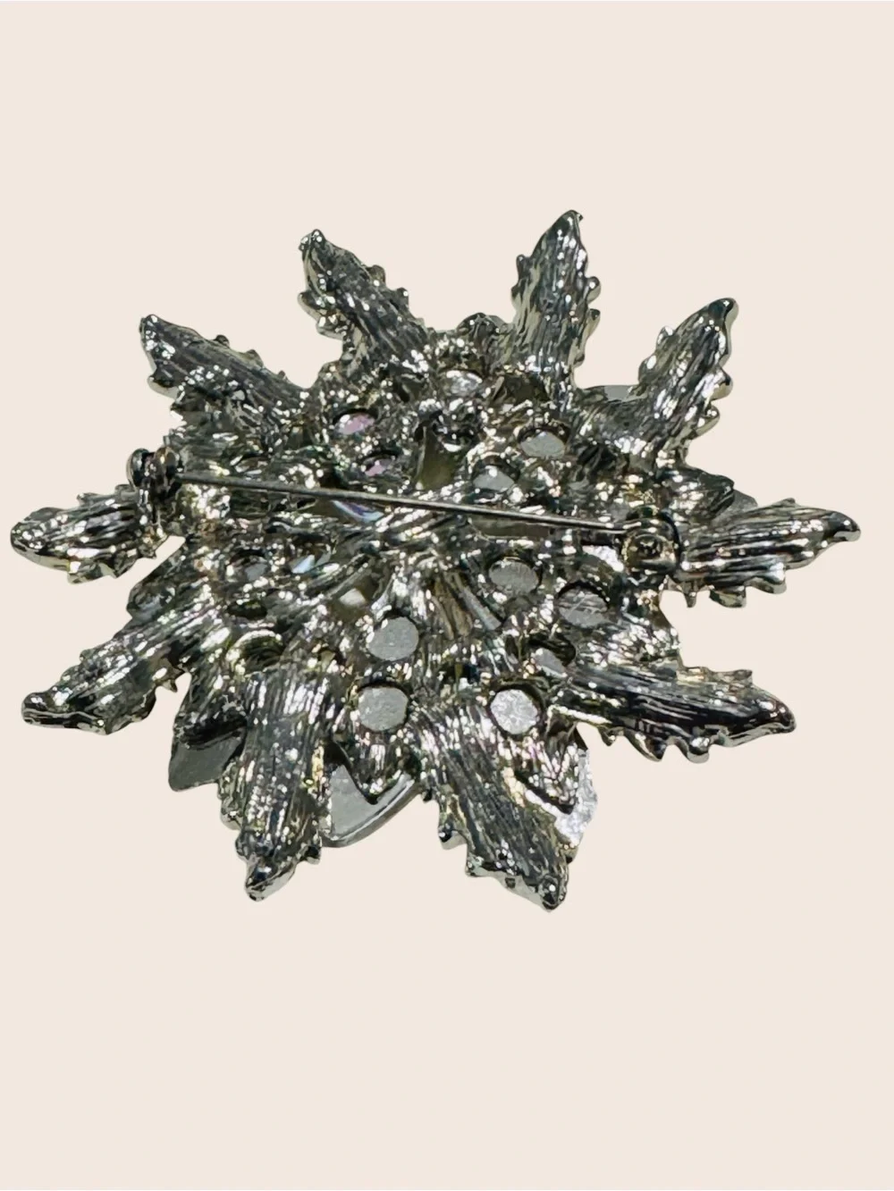 Vintage Silver Tone Rhinestone & Yellow Crystal Floral Starburst Brooch Pin 2”